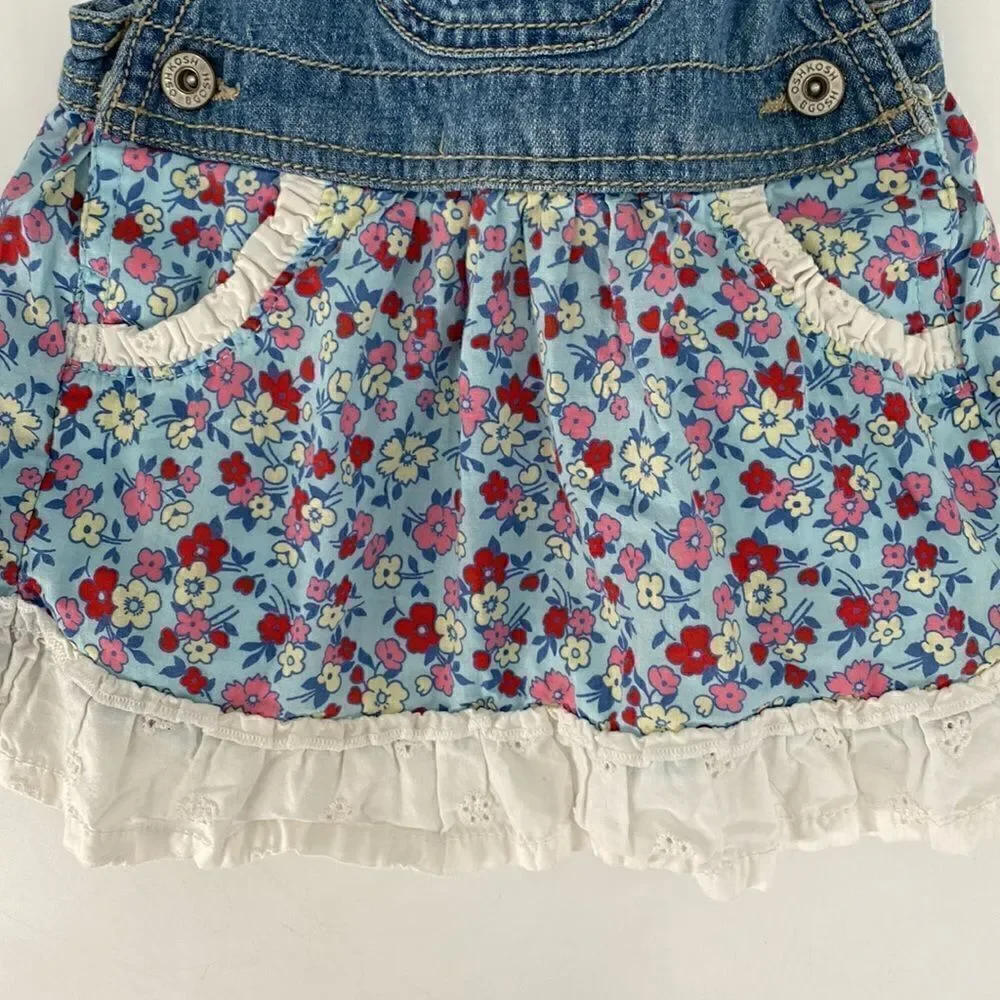 OshKosh B’gosh Denim Overall Dress Floral Print 9 Months Old